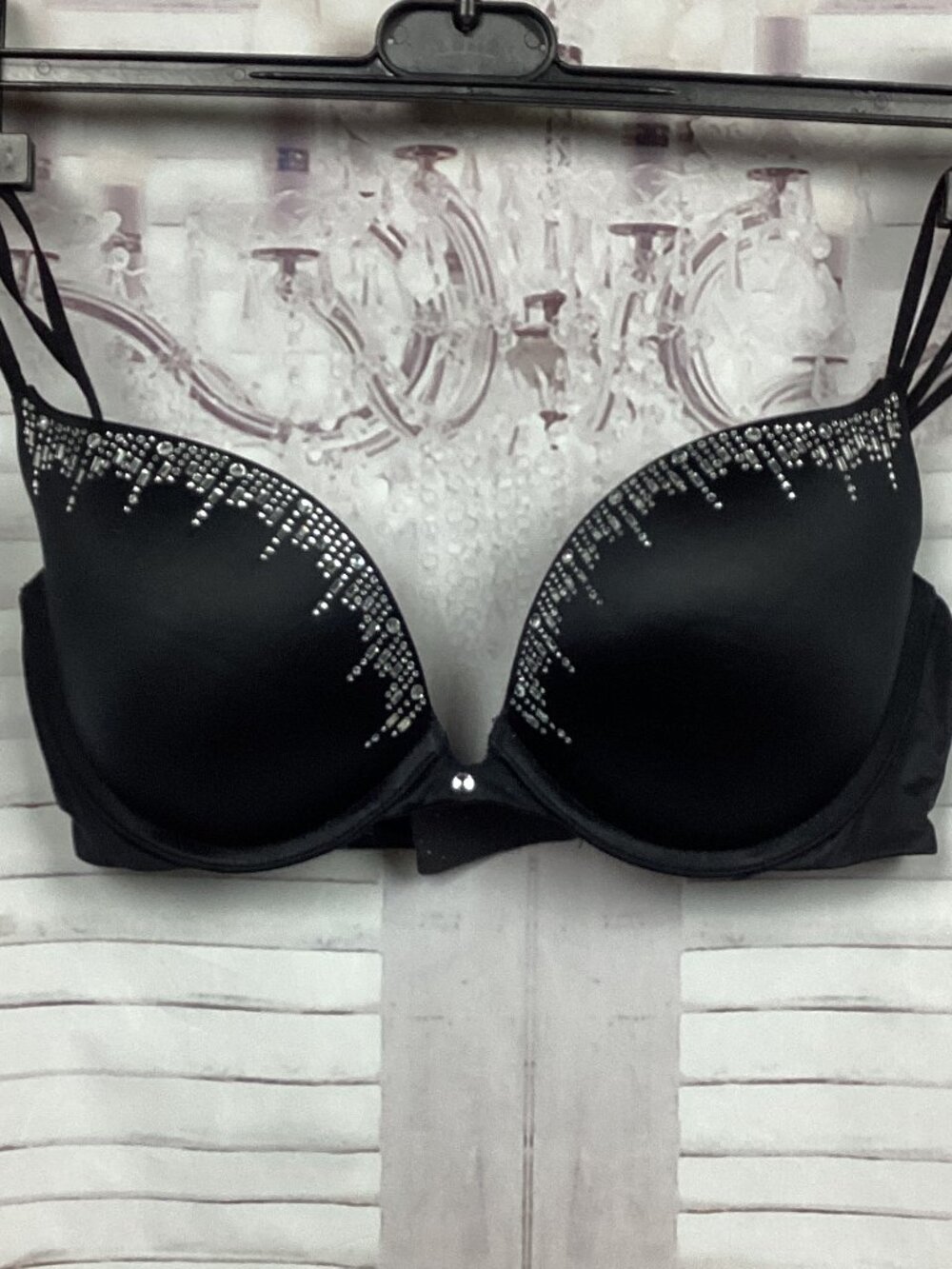 Victoria's Secret Bra Black Satin Rhinestone Drip 34D